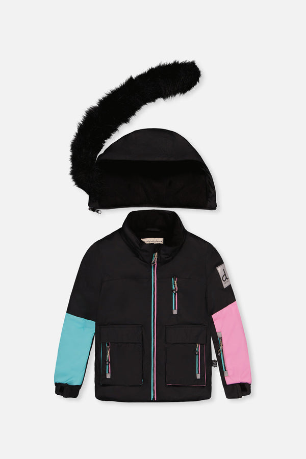Two Piece Play Snowsuit Black, Blue And Pink Colorblock With Heart Print Pants - J10PG82_09990