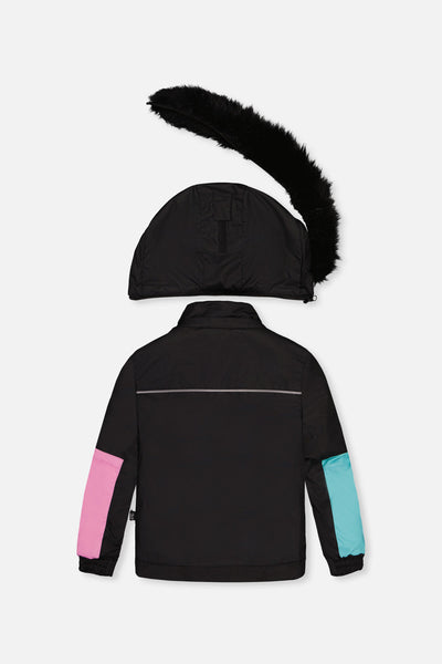 Two Piece Play Snowsuit Black, Blue And Pink Colorblock With Heart Print Pants - J10PG82_09990