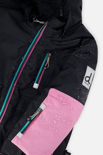 Two Piece Play Snowsuit Black, Blue And Pink Colorblock With Heart Print Pants - J10PG82_09990