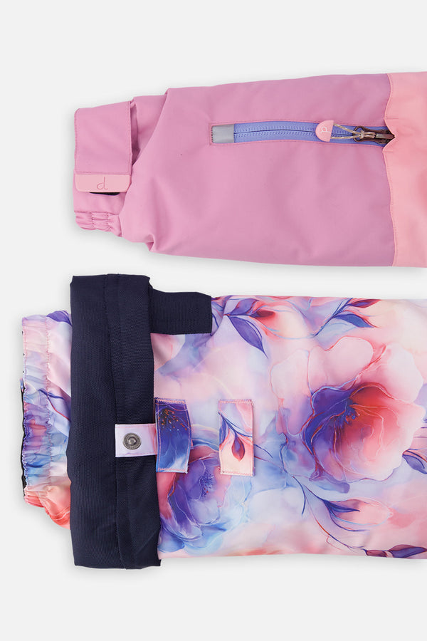 Two Piece Play Snowsuit Pink And Purple Colorblock With Watercolor Floral Print Pants - J10PG84_06240