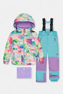 Zweiteiliger Spiel-Schneeanzug in mehreren Farben mit Rautenmuster, türkisfarbener Jacke und violetten Hosen