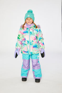 Two Piece Play Snowsuit Multicolored With A Diamond Pattern With Turquoise And Purple Pants