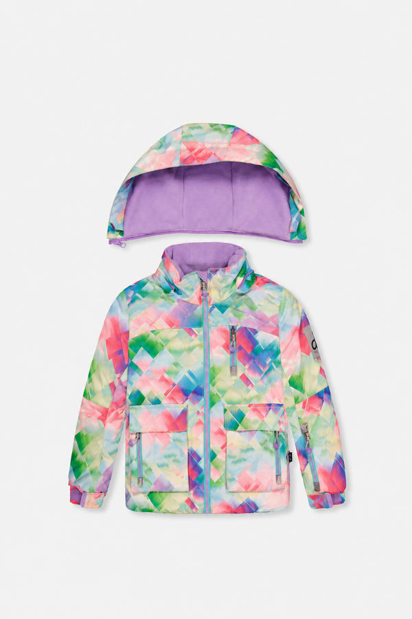 Zweiteiliger Spiel-Schneeanzug in mehreren Farben mit Rautenmuster, türkisfarbener Jacke und violetten Hosen
