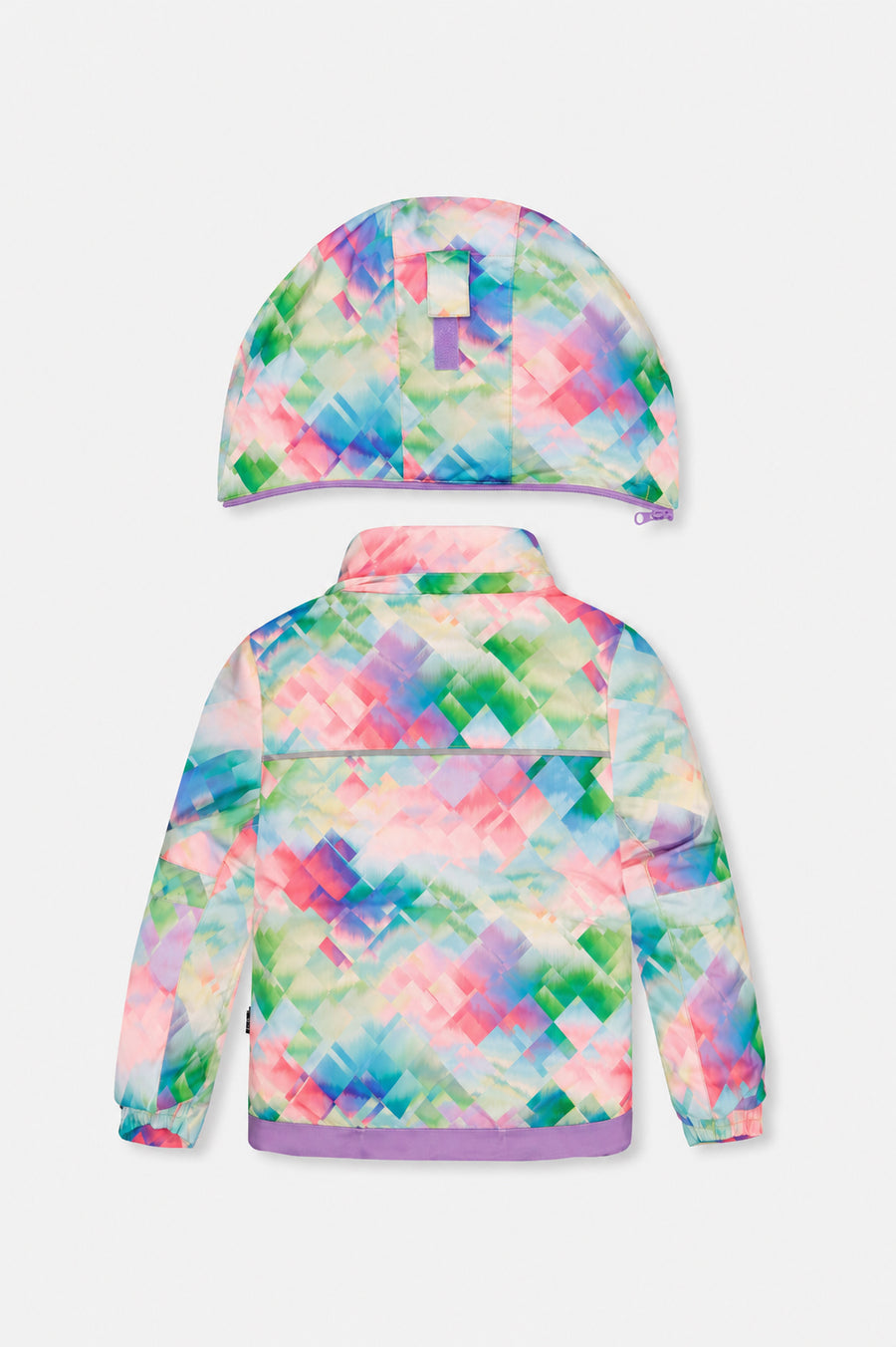 Zweiteiliger Spiel-Schneeanzug in mehreren Farben mit Rautenmuster, türkisfarbener Jacke und violetten Hosen