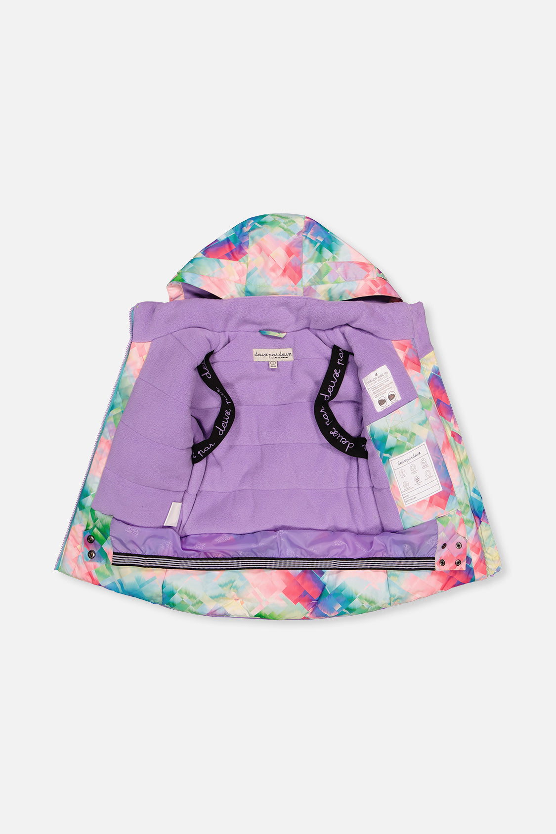Zweiteiliger Spiel-Schneeanzug in mehreren Farben mit Rautenmuster, türkisfarbener Jacke und violetten Hosen