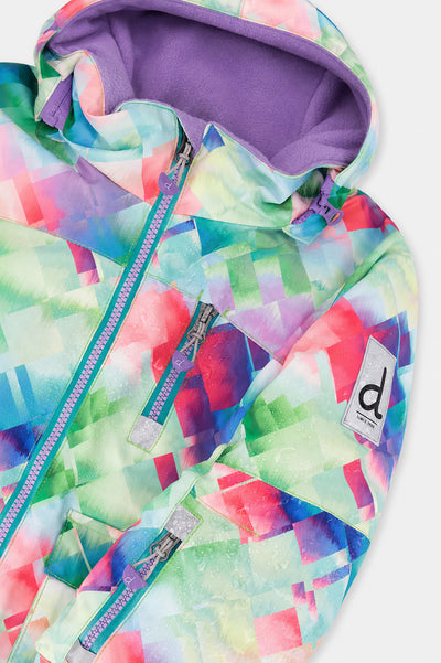 Zweiteiliger Spiel-Schneeanzug in mehreren Farben mit Rautenmuster, türkisfarbener Jacke und violetten Hosen