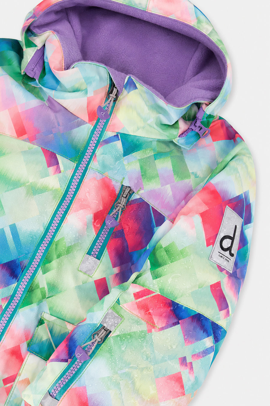 Zweiteiliger Spiel-Schneeanzug in mehreren Farben mit Rautenmuster, türkisfarbener Jacke und violetten Hosen