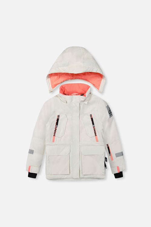 Zweiteiliger Teknik-Schneeanzug in Off-White und Pink mit schwarzer Hose