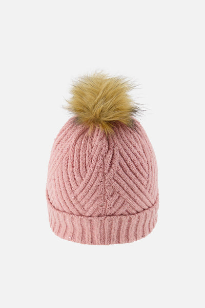 Winter Knit Hat With Pompom Pale Dusty Pink - J10XT5_06220