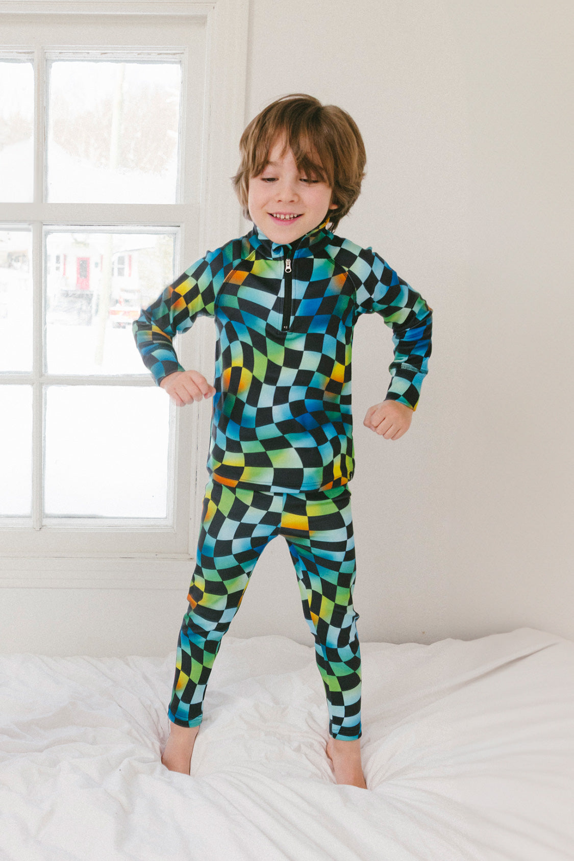 Two Piece Thermal Underwear Blue Checkered Print - J10Y600_1J054