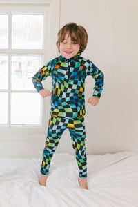 Two Piece Thermal Underwear Blue Checkered Print - J10Y600_1J054