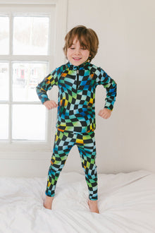 Two Piece Thermal Underwear Blue Checkered Print - J10Y600_1J054