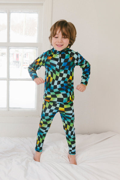 Two Piece Thermal Underwear Blue Checkered Print - J10Y600_1J054