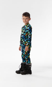 One Piece Thermal Underwear Blue Checkered Print