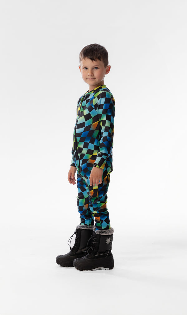 One Piece Thermal Underwear Blue Checkered Print