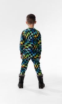 One Piece Thermal Underwear Blue Checkered Print