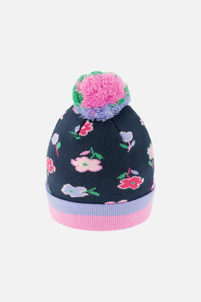 Winter Knit Hat With Pompom Blue Floral Print - J10Z01_1J062
