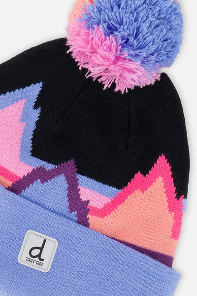 Winter Knit Hat With Pompom Black Printed Mountains - J10Z02_1J063