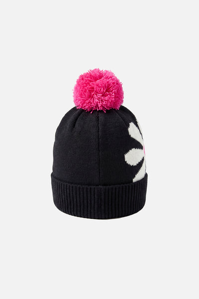 Winter Knit Hat With Pompom Black, White And Pink