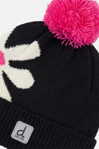 Winter Knit Hat With Pompom Black, White And Pink