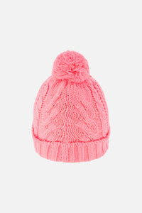 Winter Knit Hat With Pompom Neon Coral - J10Z04_08001