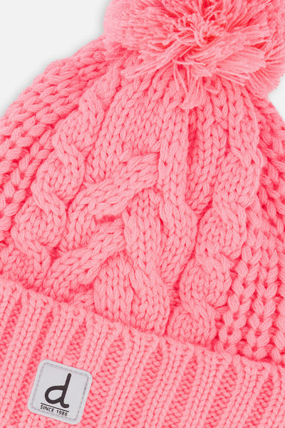 Winter Knit Hat With Pompom Neon Coral - J10Z04_08001