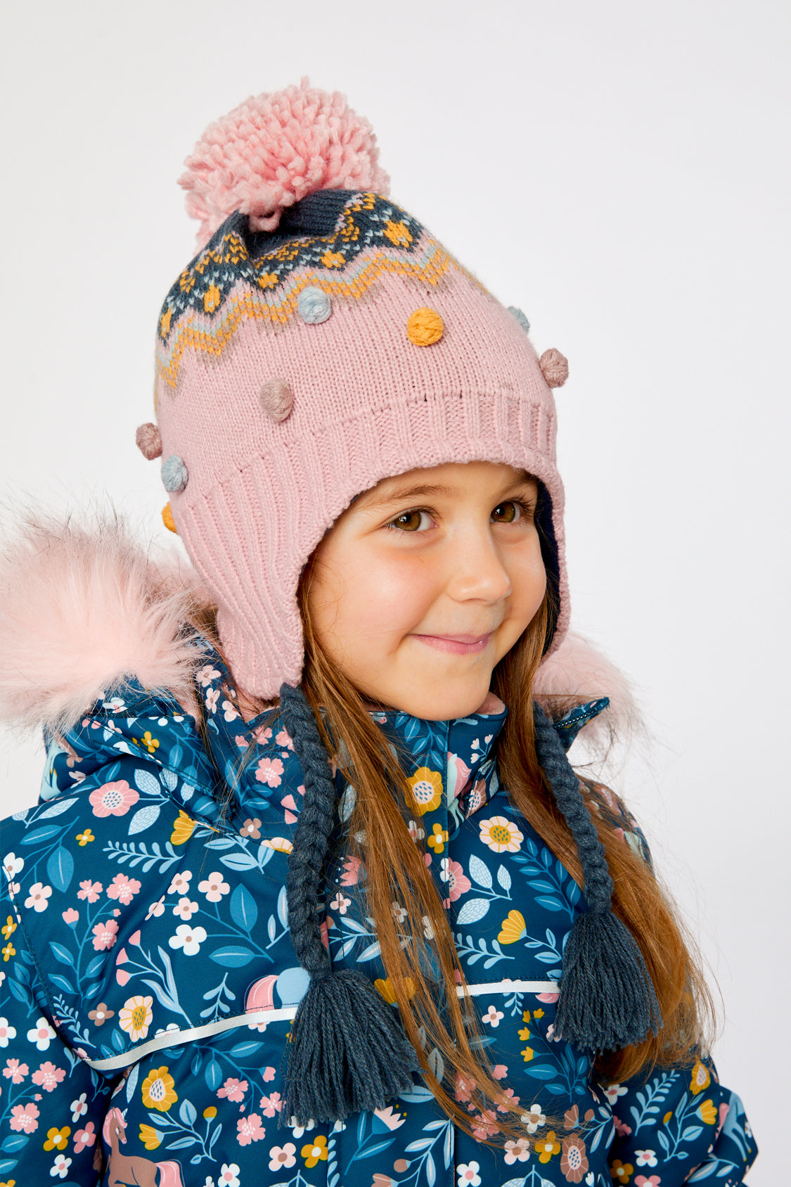 Winter Peruvian Knit Hat With Pompom Pink And Blue Jacquard - J10Z06_1J065