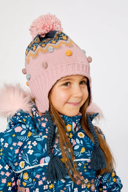 Winter Peruvian Knit Hat With Pompom Pink And Blue Jacquard - J10Z06_1J065
