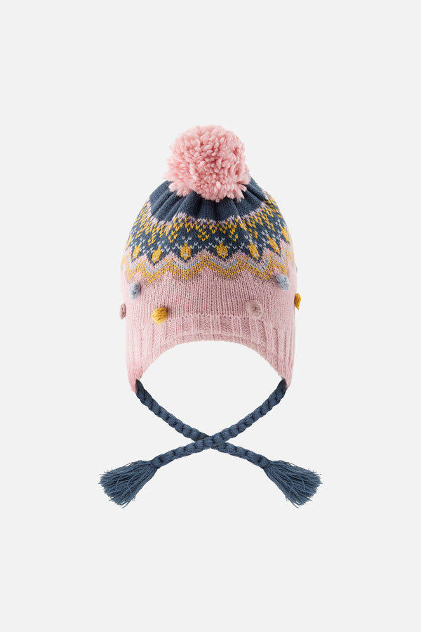 Winter Peruvian Knit Hat With Pompom Pink And Blue Jacquard - J10Z06_1J065