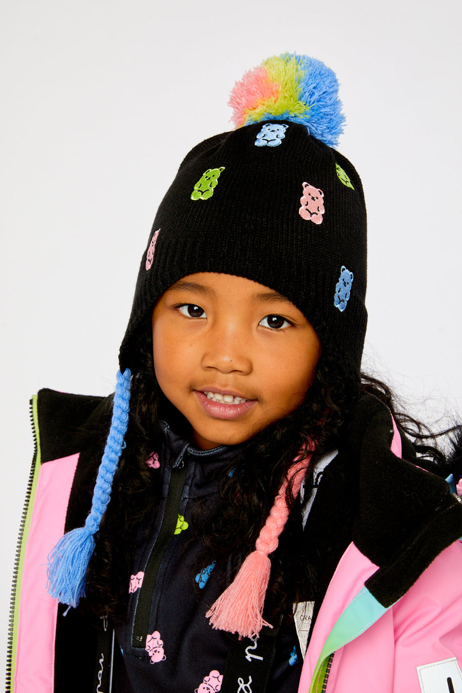 Winter Peruvian Knit Hat With Pompom Black, Pink, Blue And Green - J10Z07_09990