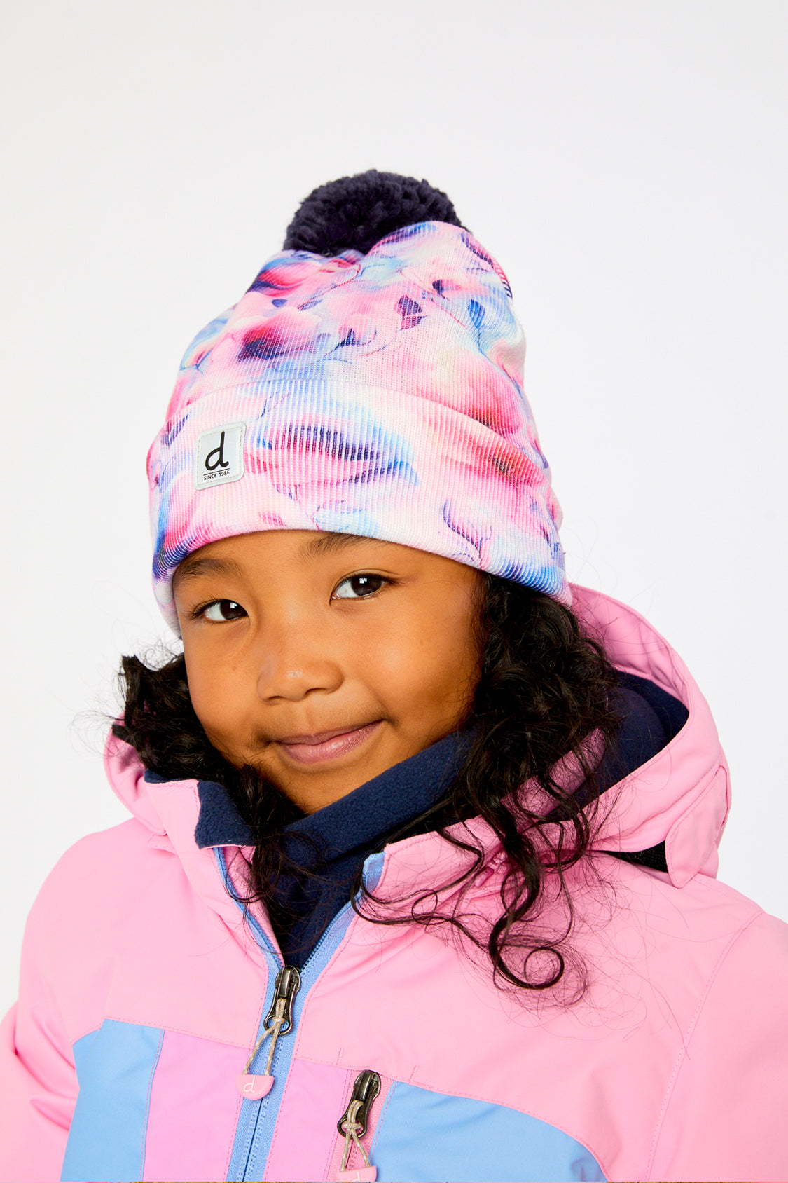 Winter Knit Hat With Pompom Mauve Printed Flowers - J10Z10_1J038