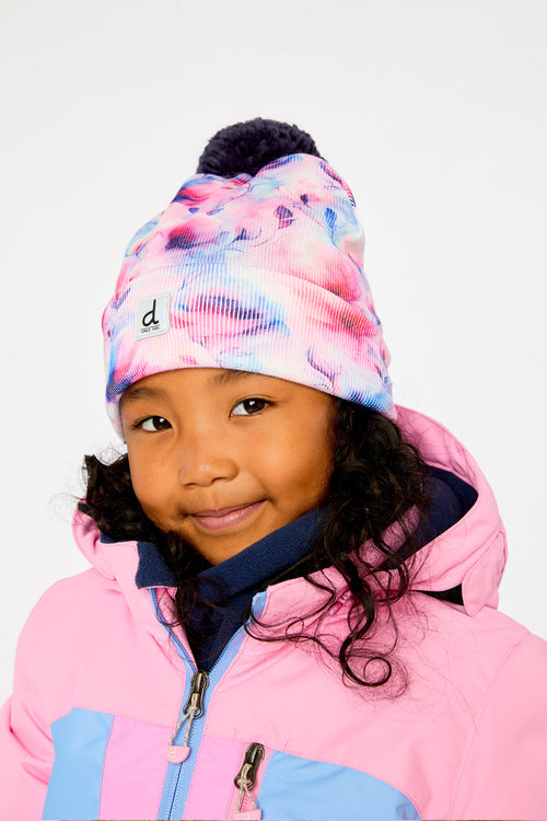 Winter Knit Hat With Pompom Mauve Printed Flowers - J10Z10_1J038