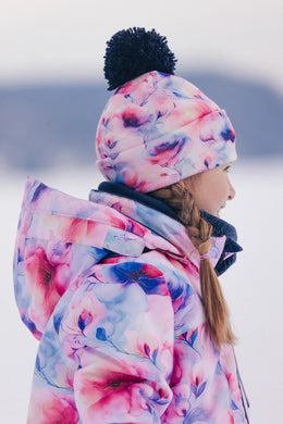 Winter Knit Hat With Pompom Mauve Printed Flowers - J10Z10_1J038