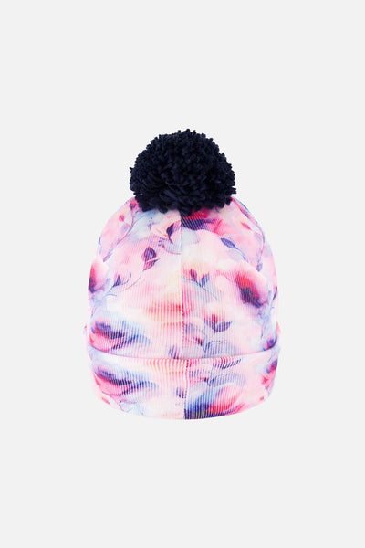 Winter Knit Hat With Pompom Mauve Printed Flowers - J10Z10_1J038