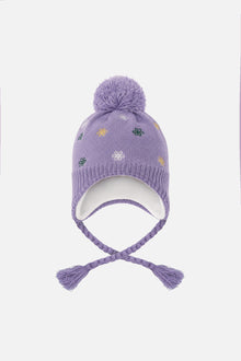 Winterliche peruanische Strickmütze in Violett mit Bommel