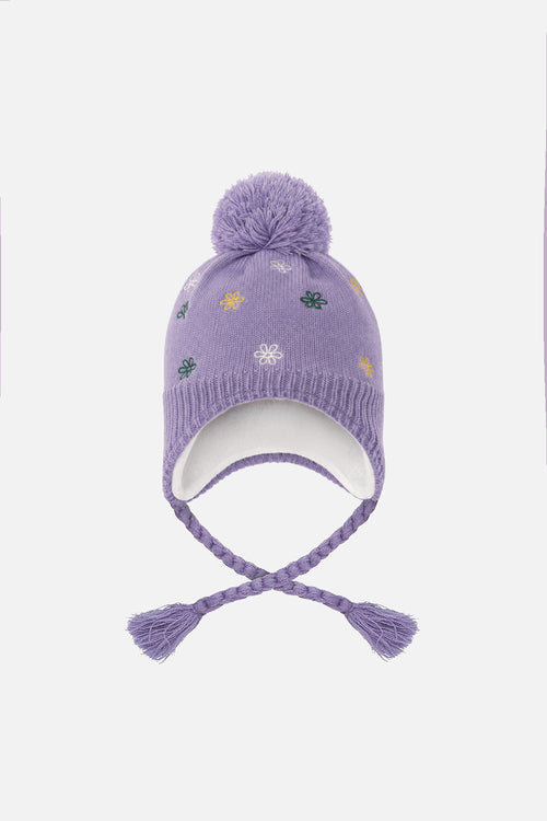 Bonnet d'hiver péruvien en tricot violet avec pompom