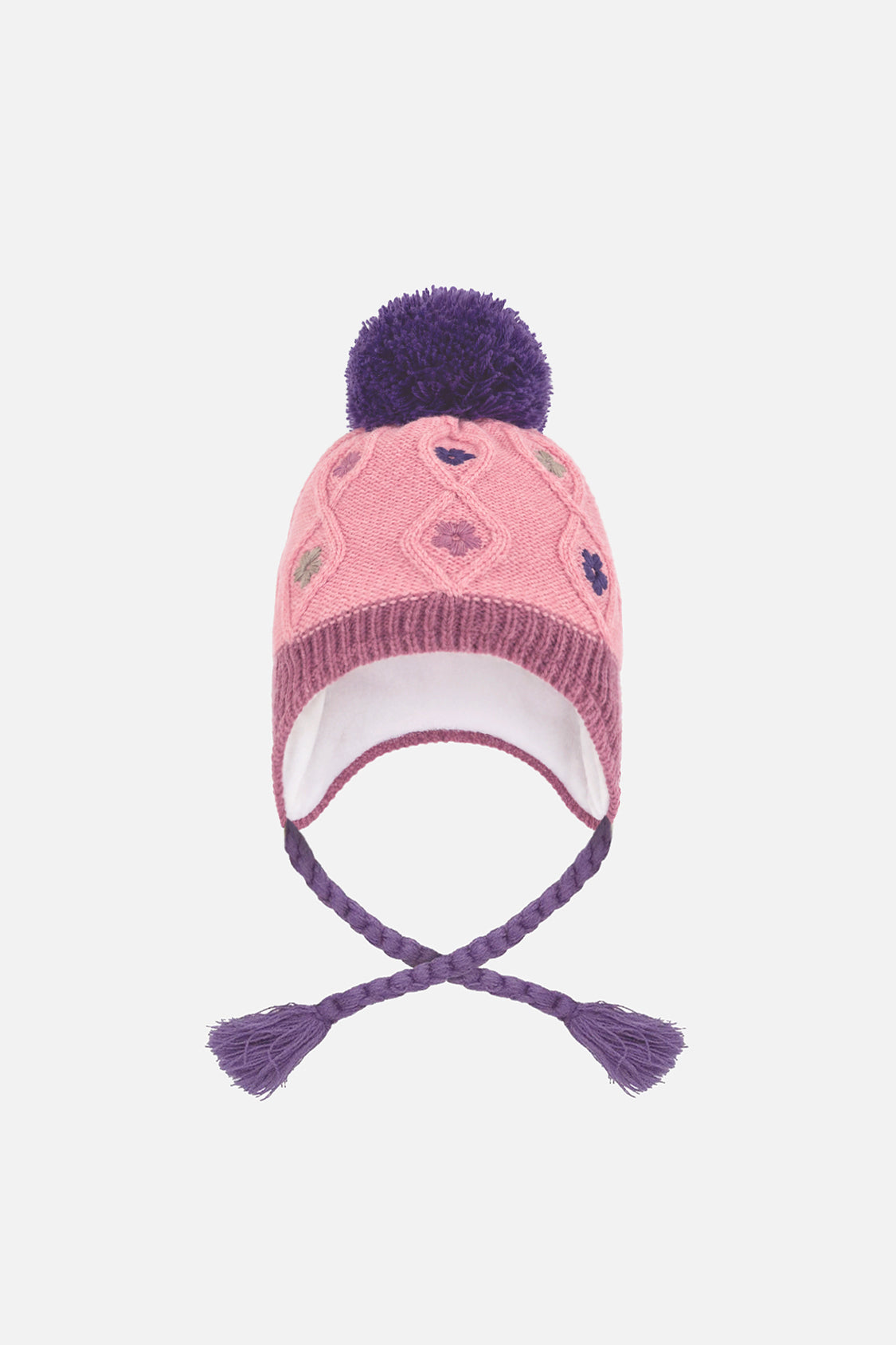 Bonnet d'hiver péruvien en tricot avec pompom rose et mauve pour bébé