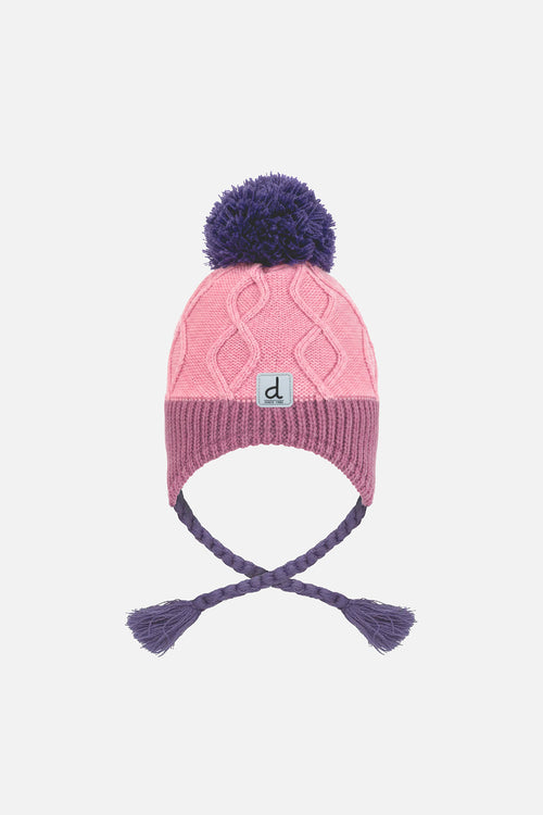 Bonnet d'hiver péruvien en tricot avec pompom rose et mauve pour bébé