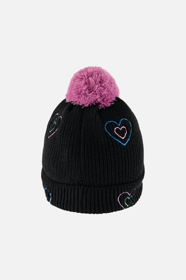 Winter Knit Hat With Pompom Black, Mauve And Blue - J10Z15_09990