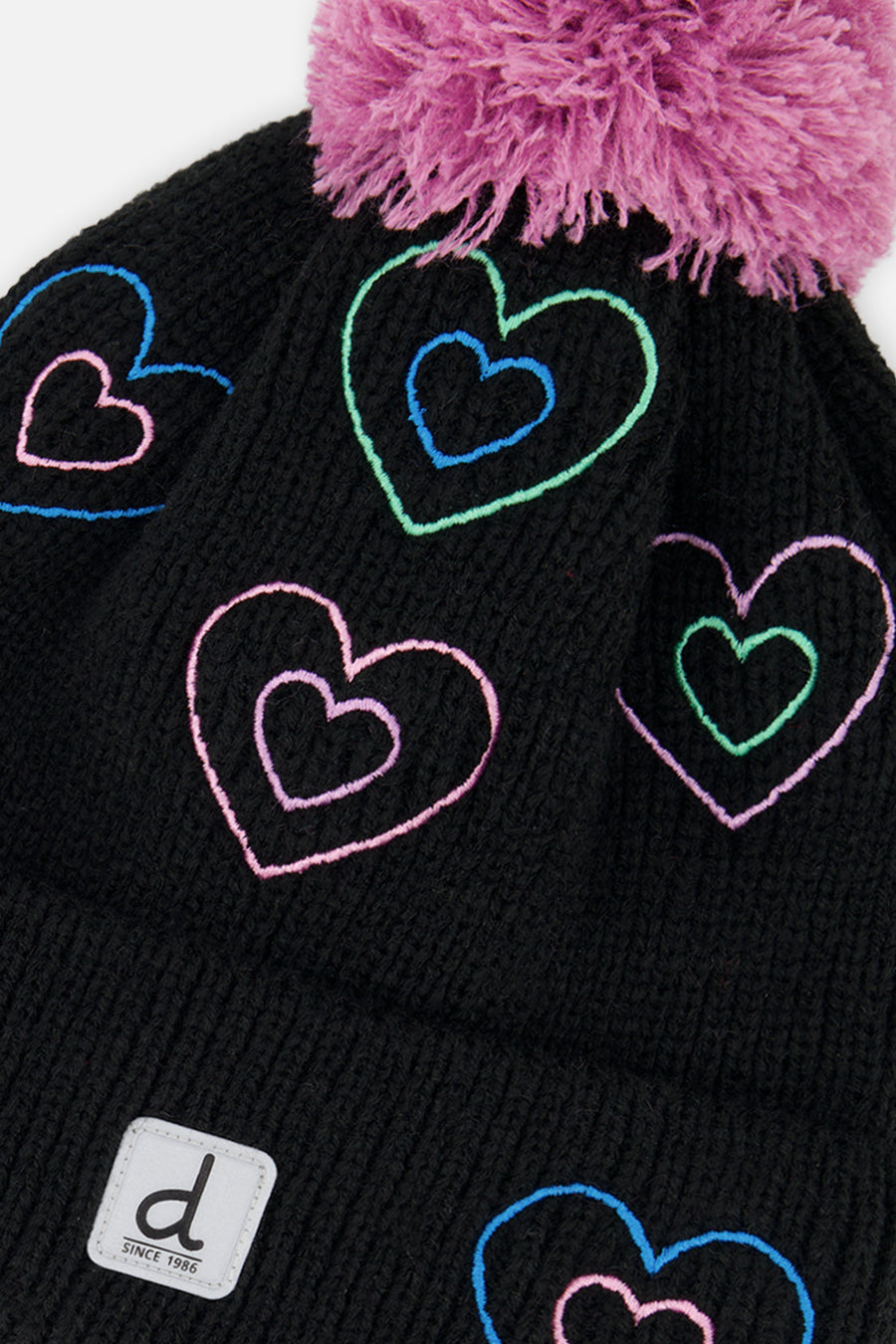 Winter Knit Hat With Pompom Black, Mauve And Blue - J10Z15_09990