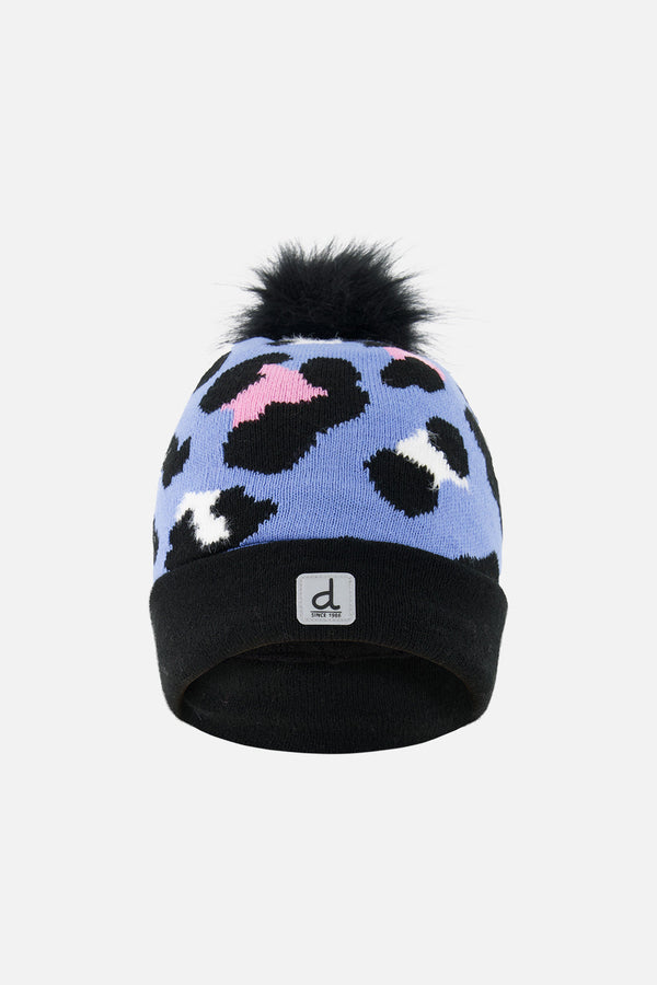 Winter Knit Hat With Pompom Blue Leopard Print - J10Z17_1J080