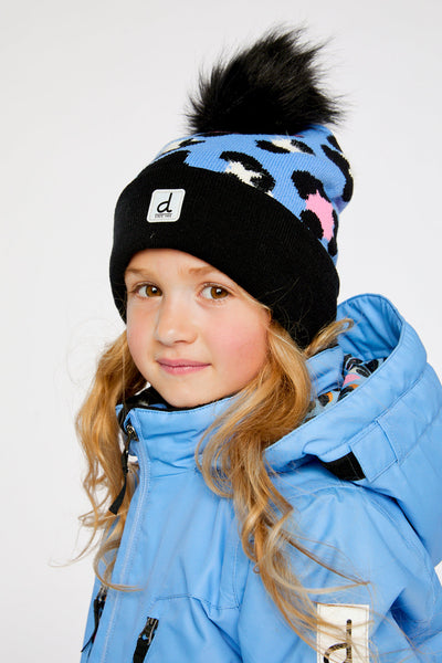 Winter Knit Hat With Pompom Blue Leopard Print - J10Z17_1J080