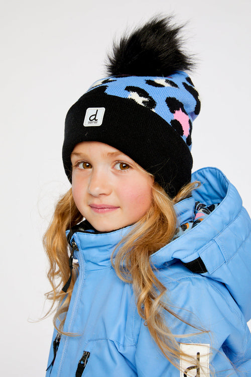 Winter Knit Hat With Pompom Blue Leopard Print - J10Z17_1J080