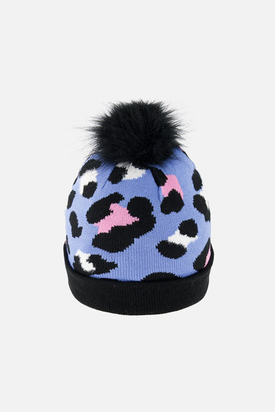 Winter Knit Hat With Pompom Blue Leopard Print - J10Z17_1J080