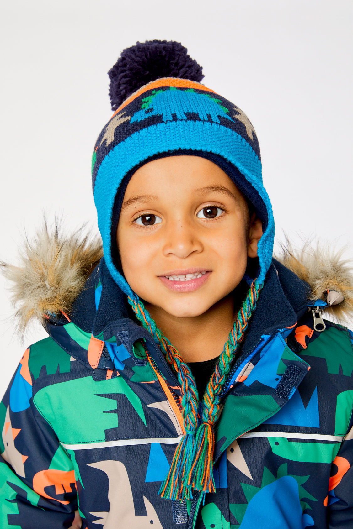 Winter Peruvian Knit Hat With Pompom Blue Dinosaur Print - J10Z21_1J077
