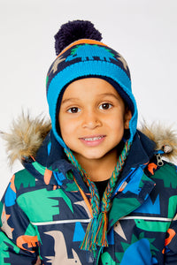Winter Peruvian Knit Hat With Pompom Blue Dinosaur Print - J10Z21_1J077