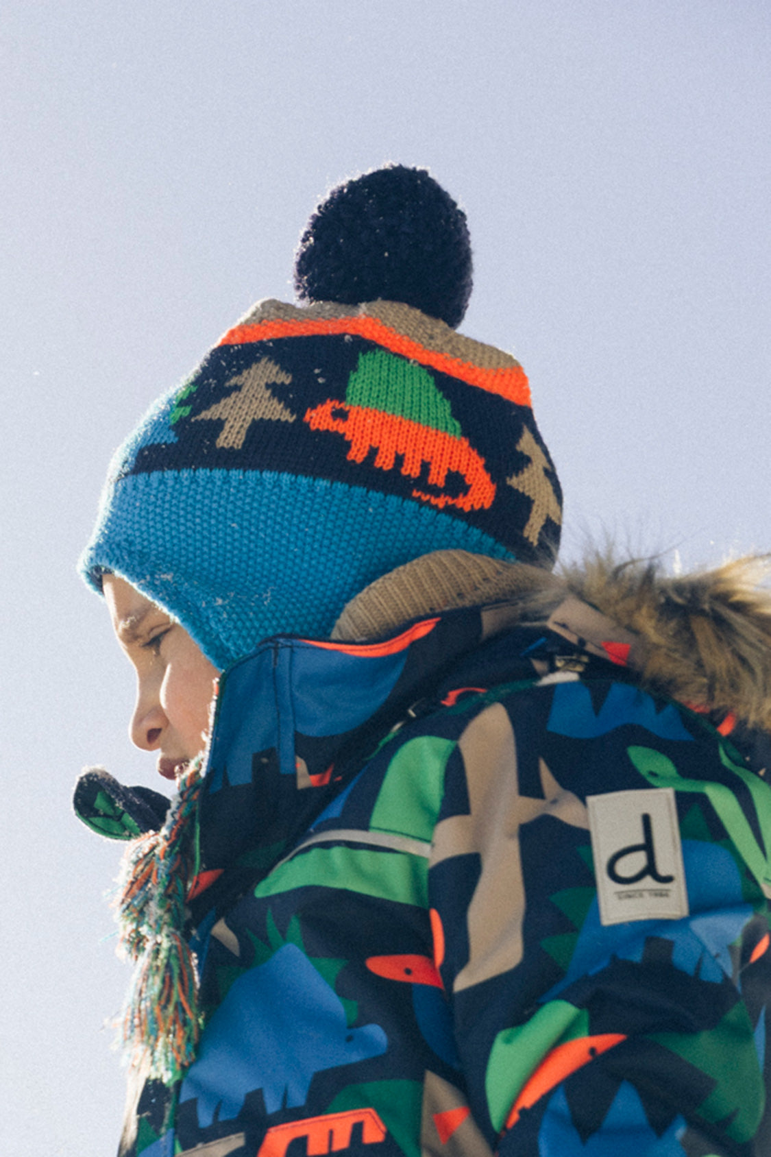 Winter Peruvian Knit Hat With Pompom Blue Dinosaur Print - J10Z21_1J077