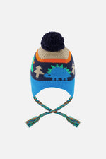 Winter Peruvian Knit Hat With Pompom Blue Dinosaur Print - J10Z21_1J077