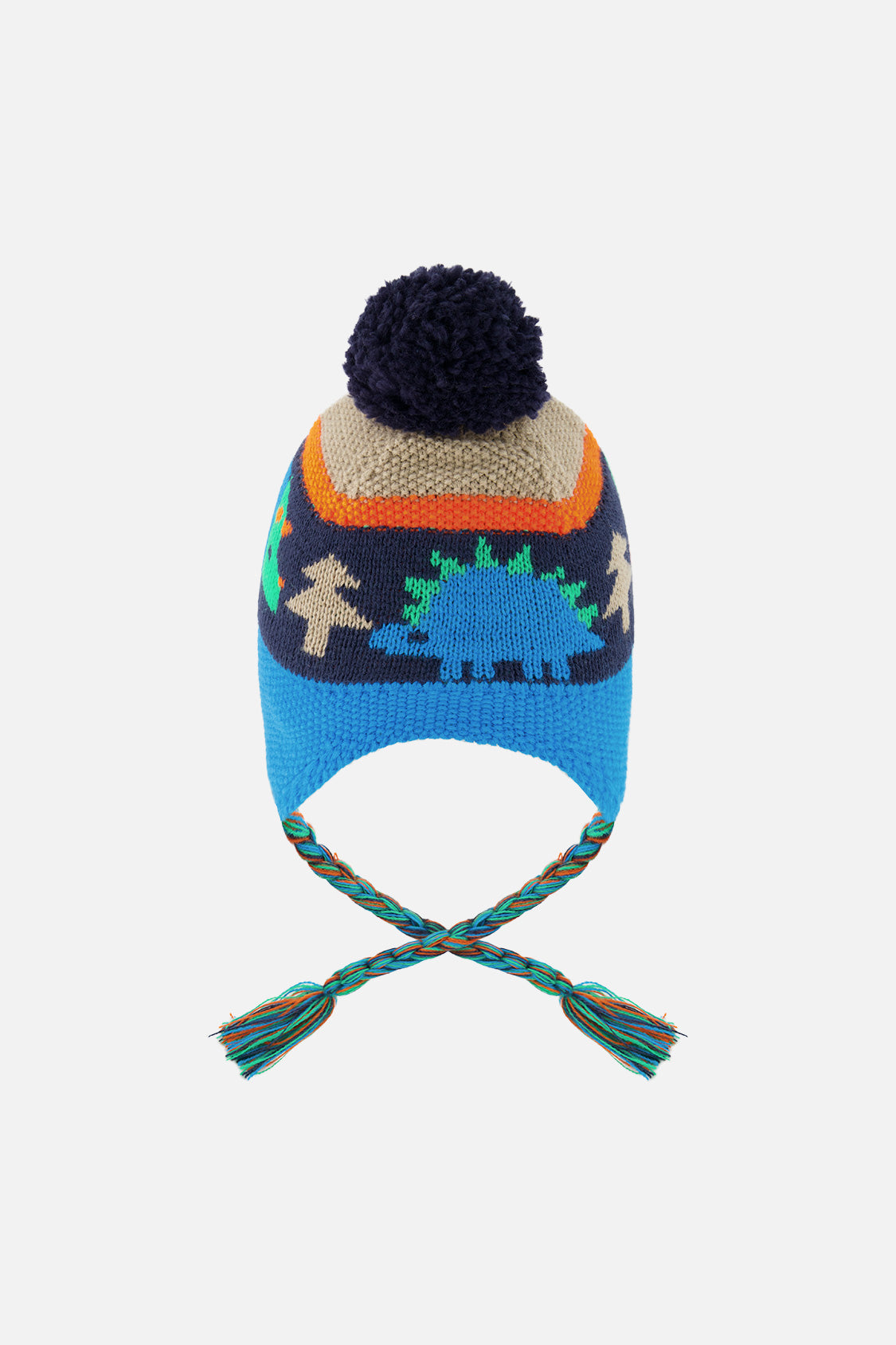 Winter Peruvian Knit Hat With Pompom Blue Dinosaur Print - J10Z21_1J077
