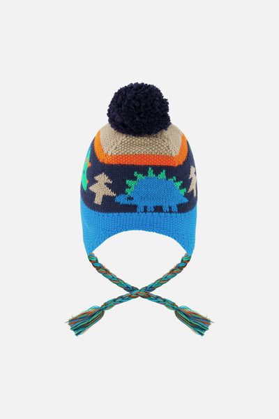 Winter Peruvian Knit Hat With Pompom Blue Dinosaur Print - J10Z21_1J077
